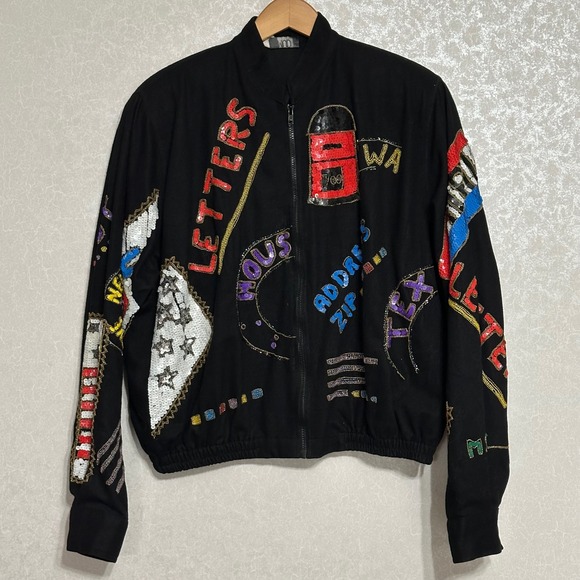 Modi Vintage USA Postage Sequin Beaded Bomber Jacket Letters Black Novelty‎ XL - Picture 1 of 7